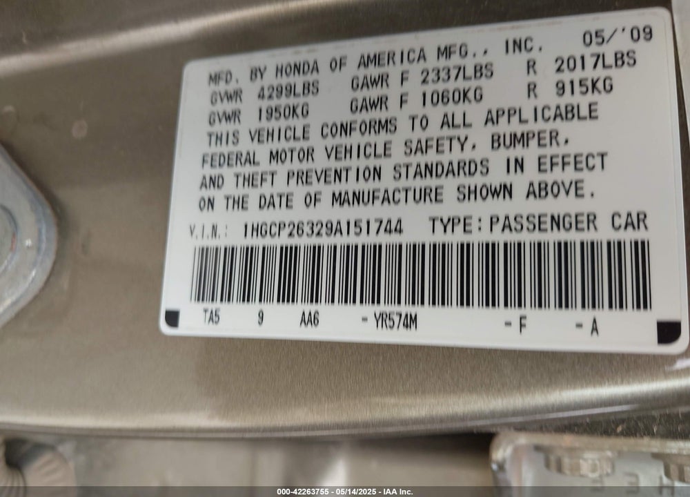 2009 HONDA ACCORD 2.4 LX VIN: 1HGCP26329A151744