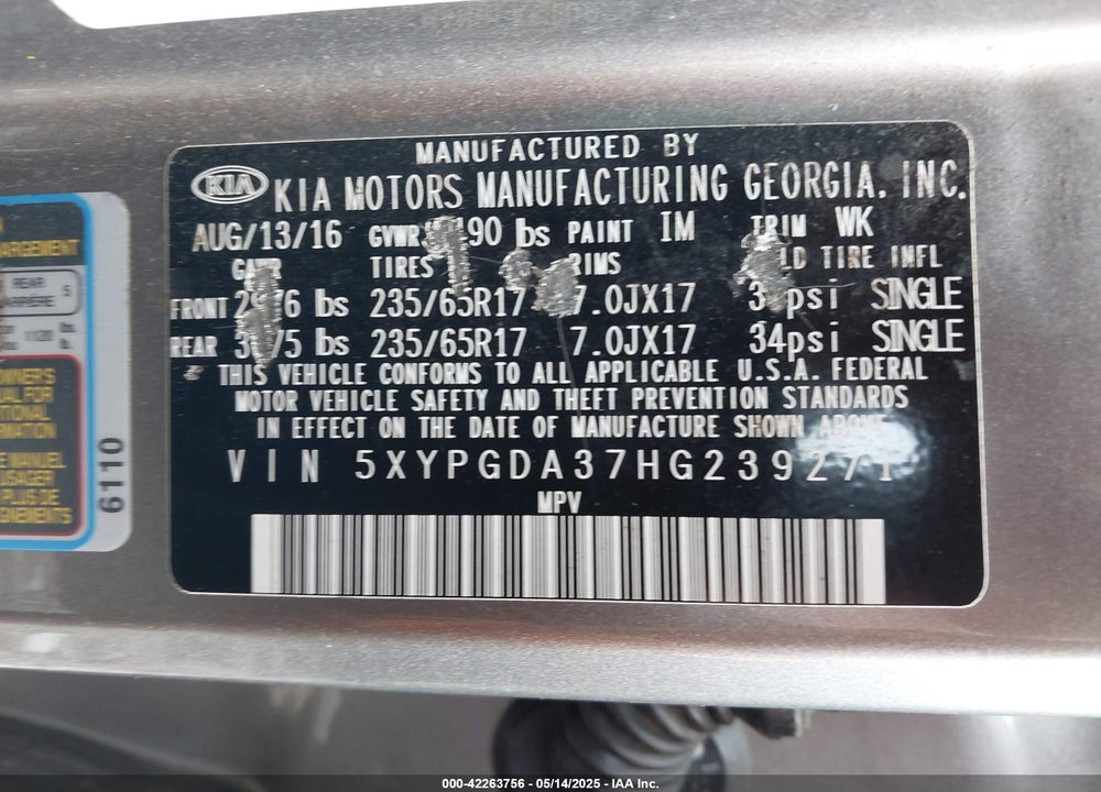 2017 KIA SORENTO 2.4L LX VIN: 5XYPGDA37HG239271