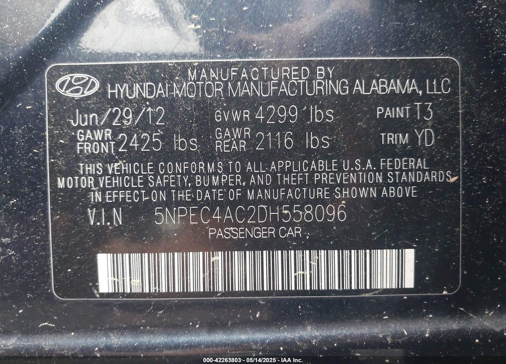 2013 HYUNDAI SONATA VIN: 5NPEC4AC2DH558096