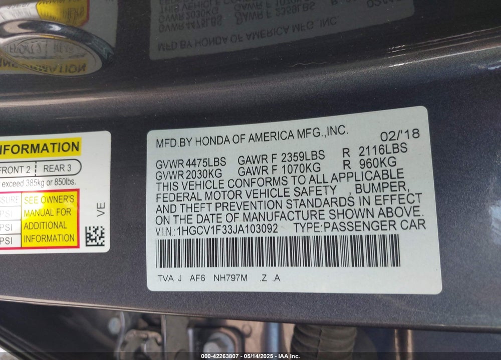 2018 HONDA ACCORD SPORT VIN: 1HGCV1F33JA103092
