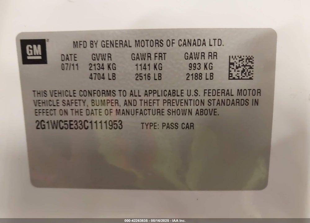 2012 CHEVROLET IMPALA LTZ VIN: 2G1WC5E33C1111953