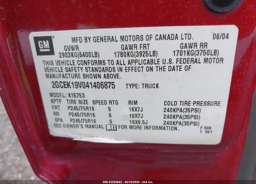 2004 CHEVROLET SILVERADO 1500 LS VIN: 2GCEK19V041406875