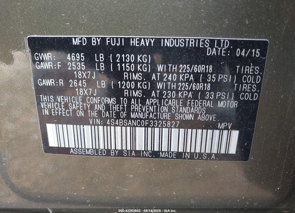 2015 SUBARU OUTBACK VIN: 4S4BSANC0F3325827