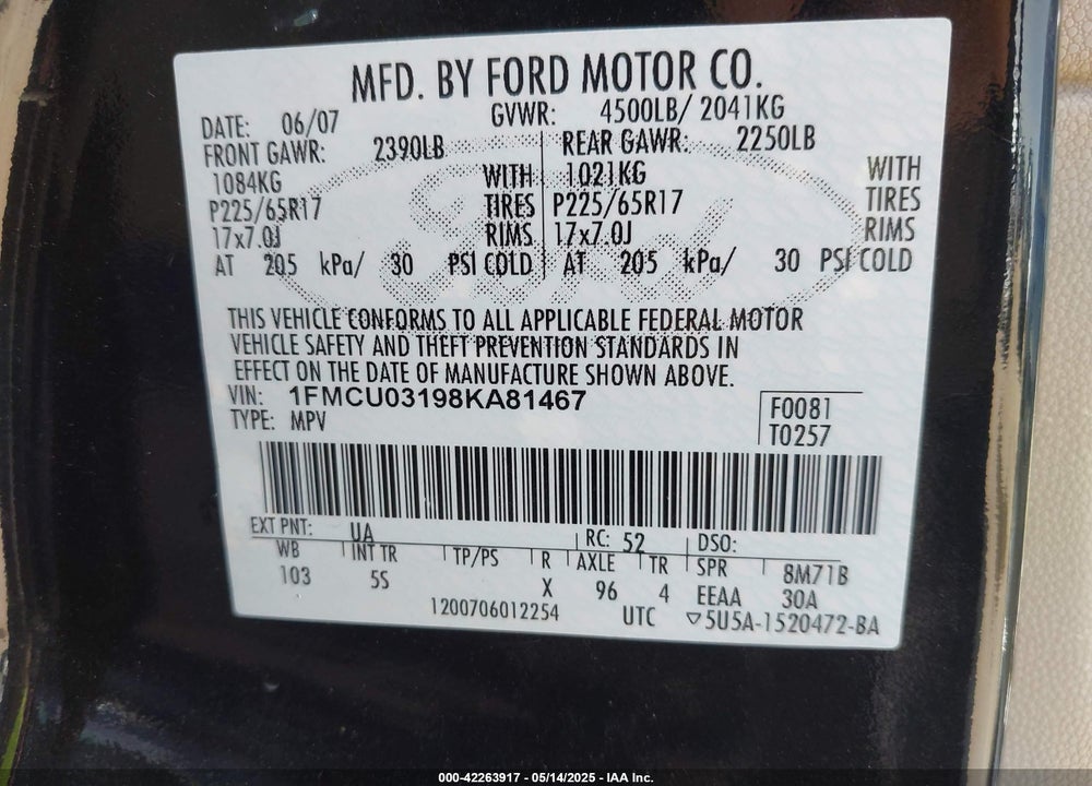2008 FORD ESCAPE XLT VIN: 1FMCU03198KA81467
