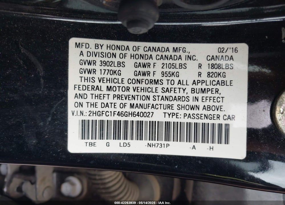 2016 HONDA CIVIC VIN: 2HGFC1F46GH640027
