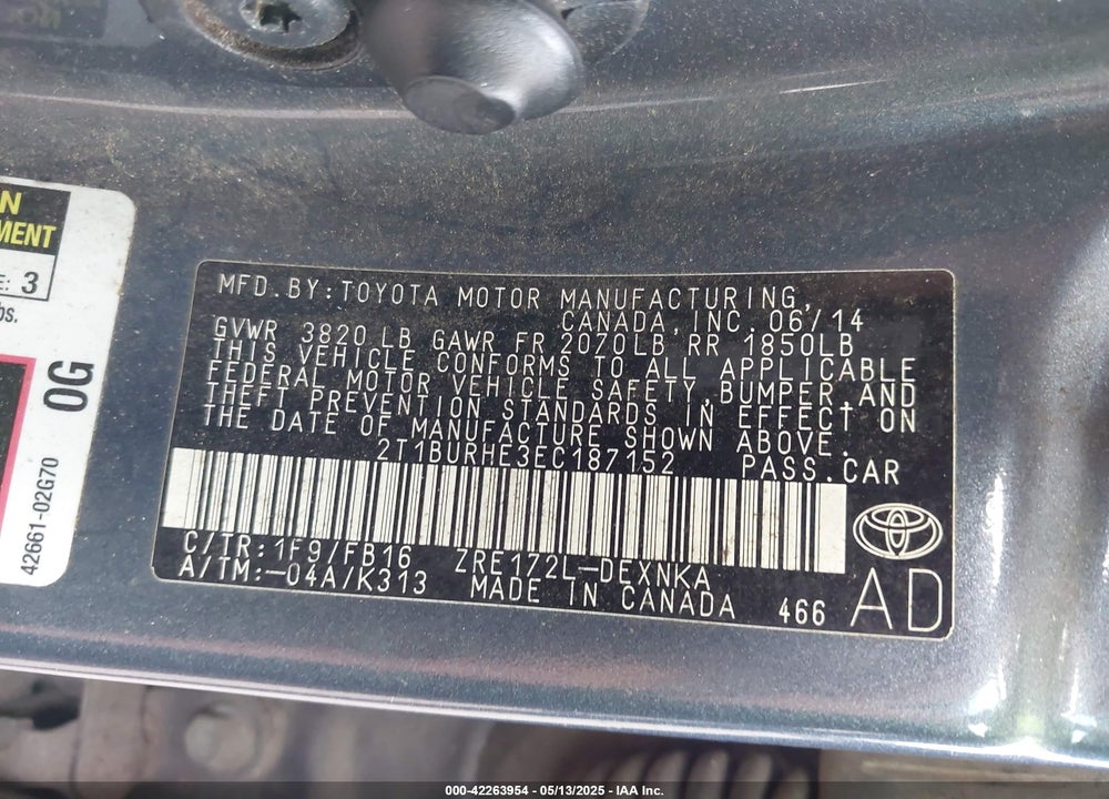 2014 TOYOTA COROLLA VIN: 2T1BURHE3EC187152