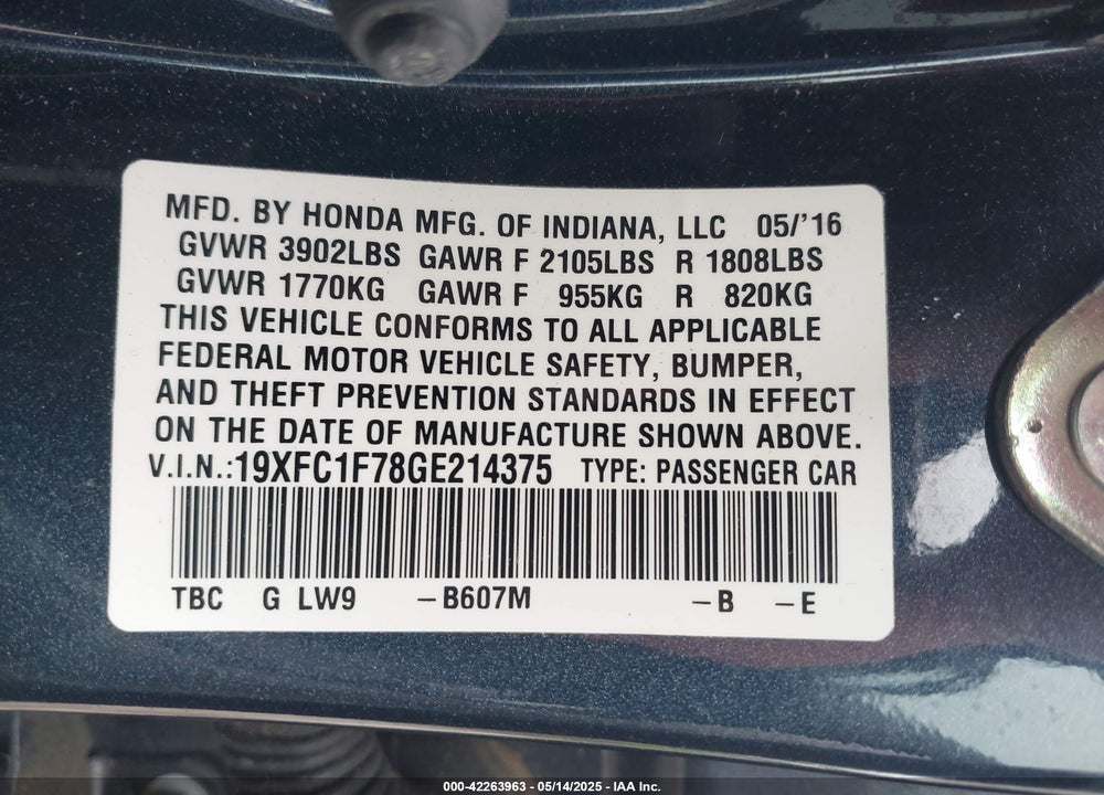 2016 HONDA CIVIC EX-L VIN: 19XFC1F78GE214375