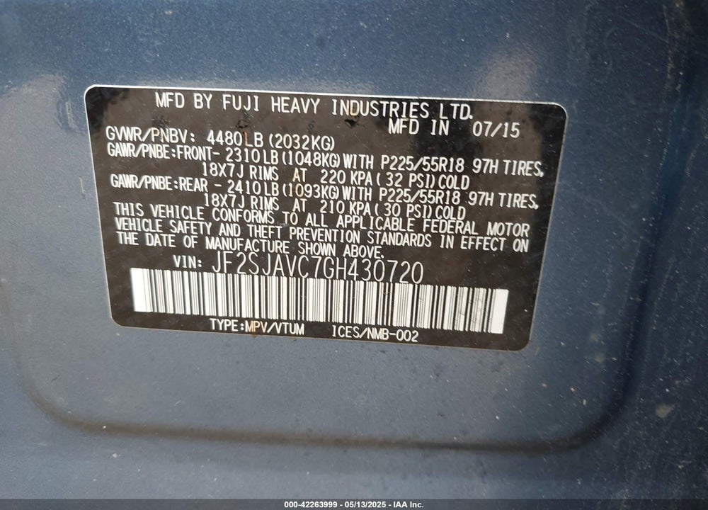 2016 SUBARU FORESTER 2.5I TOURING VIN: JF2SJAVC7GH430720