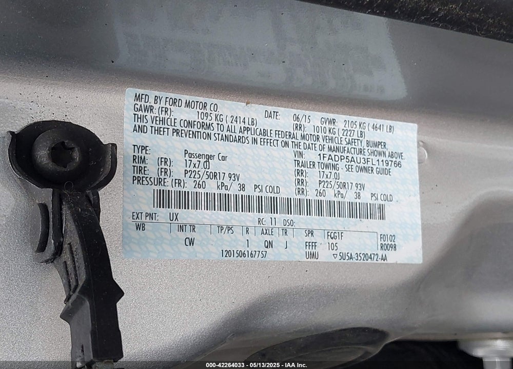 2015 FORD C-MAX HYBRID SE VIN: 1FADP5AU3FL119766
