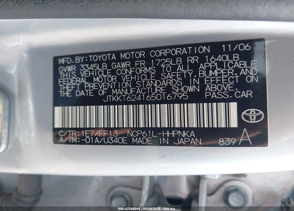 2006 SCION XA VIN: JTKKT624165016795