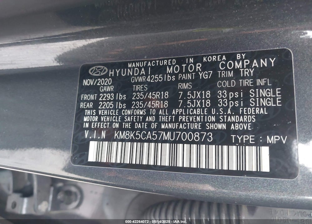 2021 HYUNDAI KONA VIN: KM8K5CA57MU700873