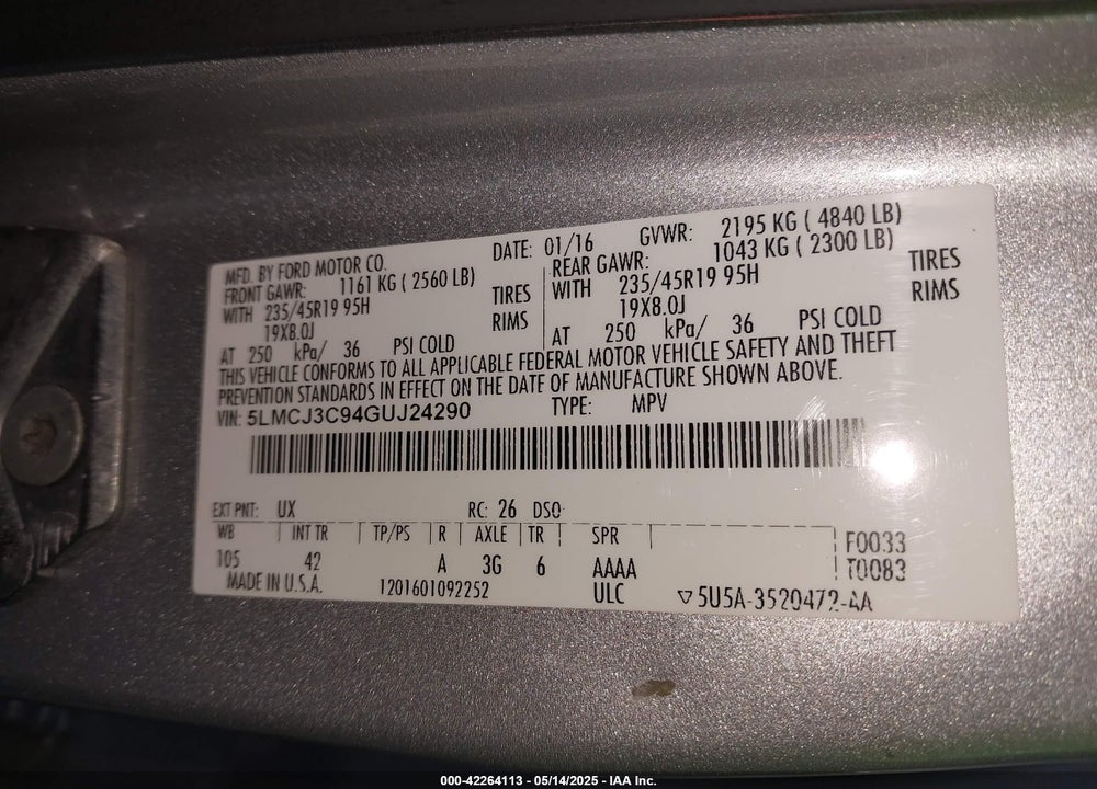 2016 LINCOLN MKC RESERVE VIN: 5LMCJ3C94GUJ24290