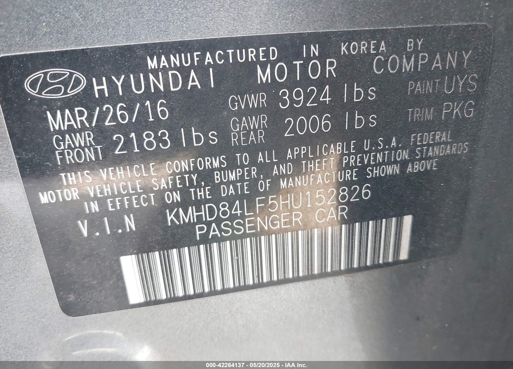 2017 HYUNDAI ELANTRA SE VIN: KMHD84LF5HU152826