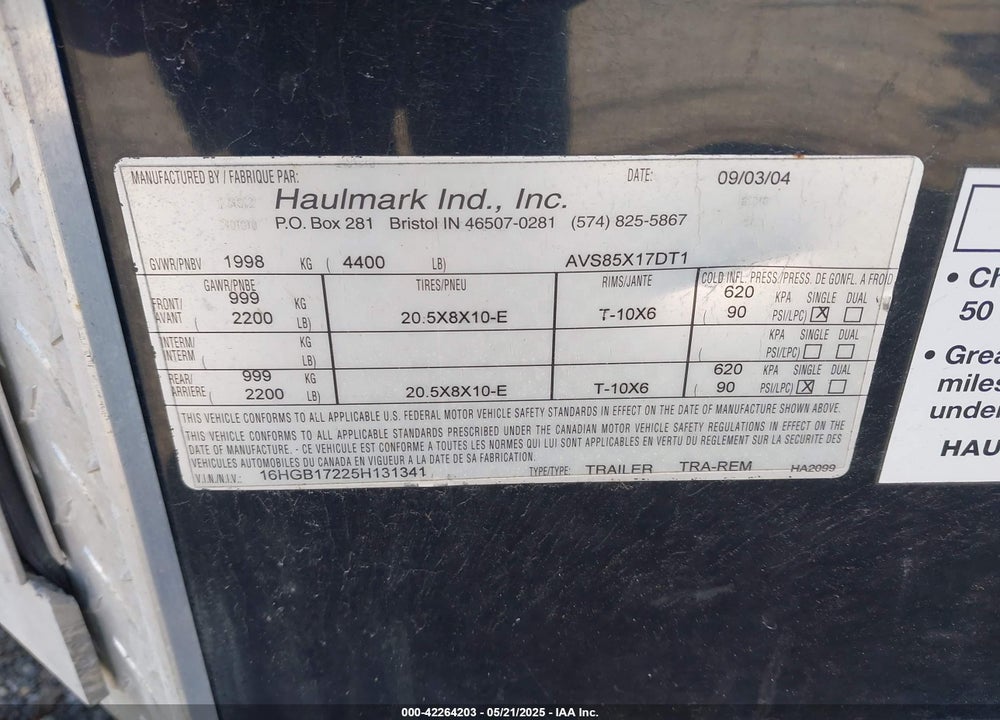 2005 HAUL MARK IND --- VIN: 16HGB17225H131341