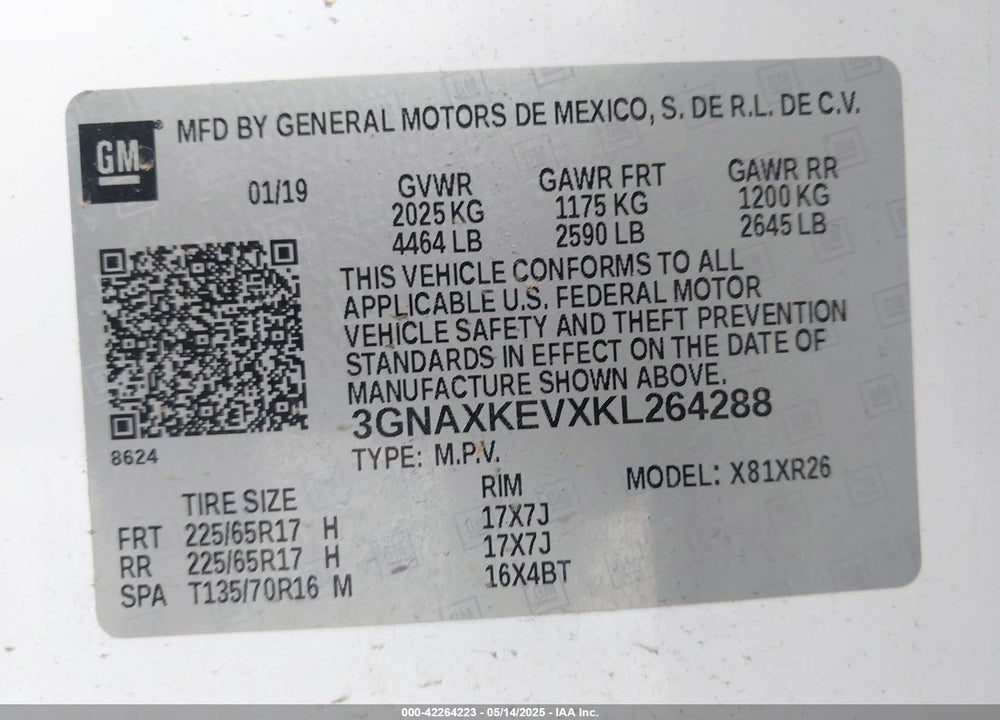 2019 CHEVROLET EQUINOX VIN: 3GNAXKEVXKL264288