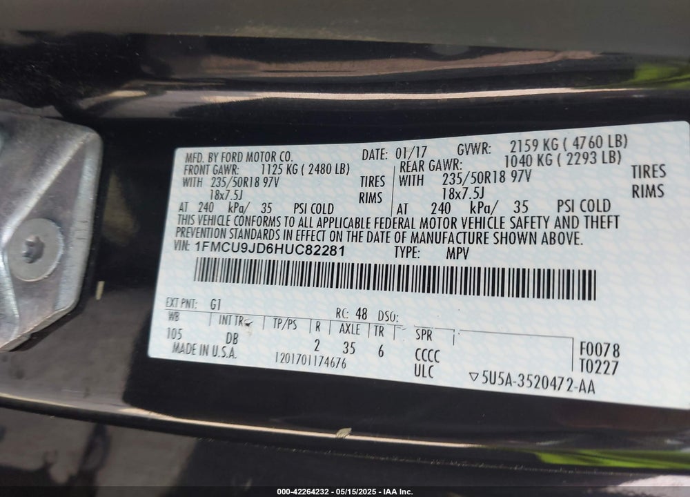 2017 FORD ESCAPE TITANIUM VIN: 1FMCU9JD6HUC82281