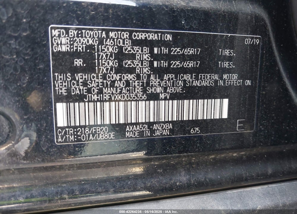 2019 TOYOTA RAV4 VIN: JTMH1RFVXKD035356