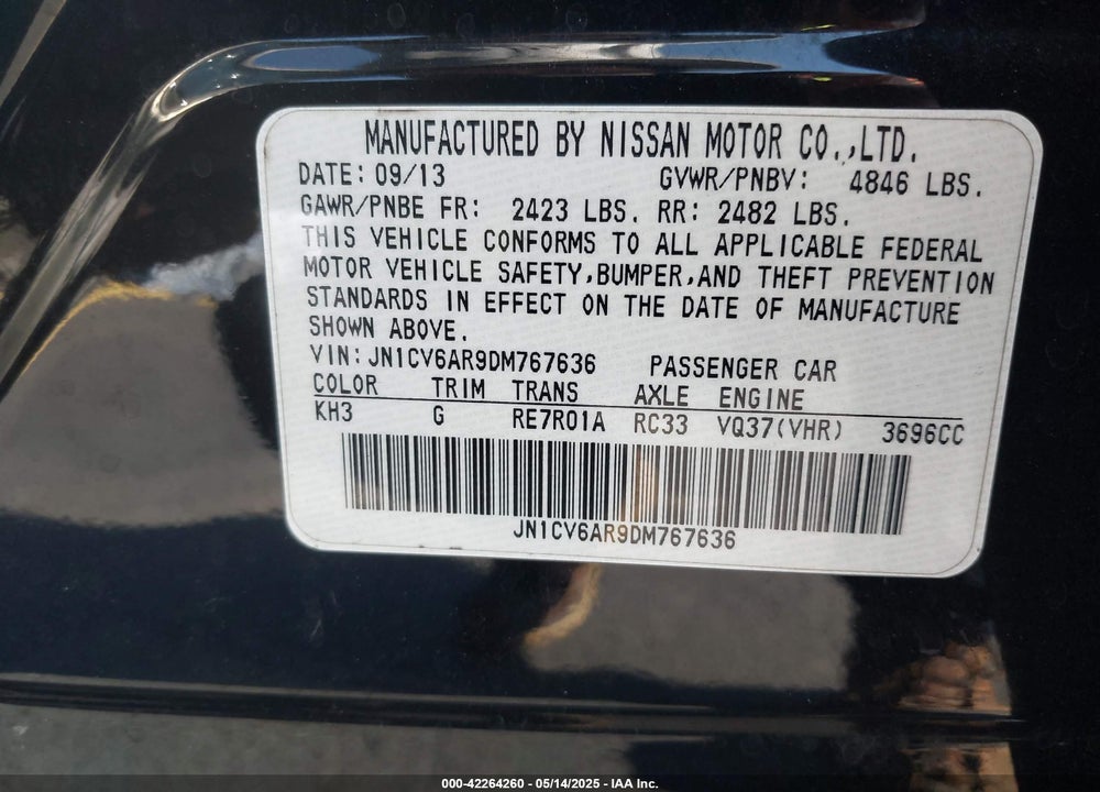 2013 INFINITI G37X VIN: JN1CV6AR9DM767636