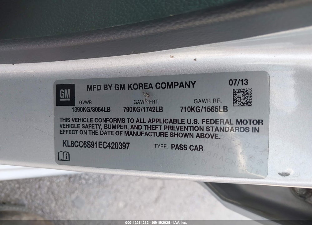 2014 CHEVROLET SPARK VIN: KL8CC6S91EC420397