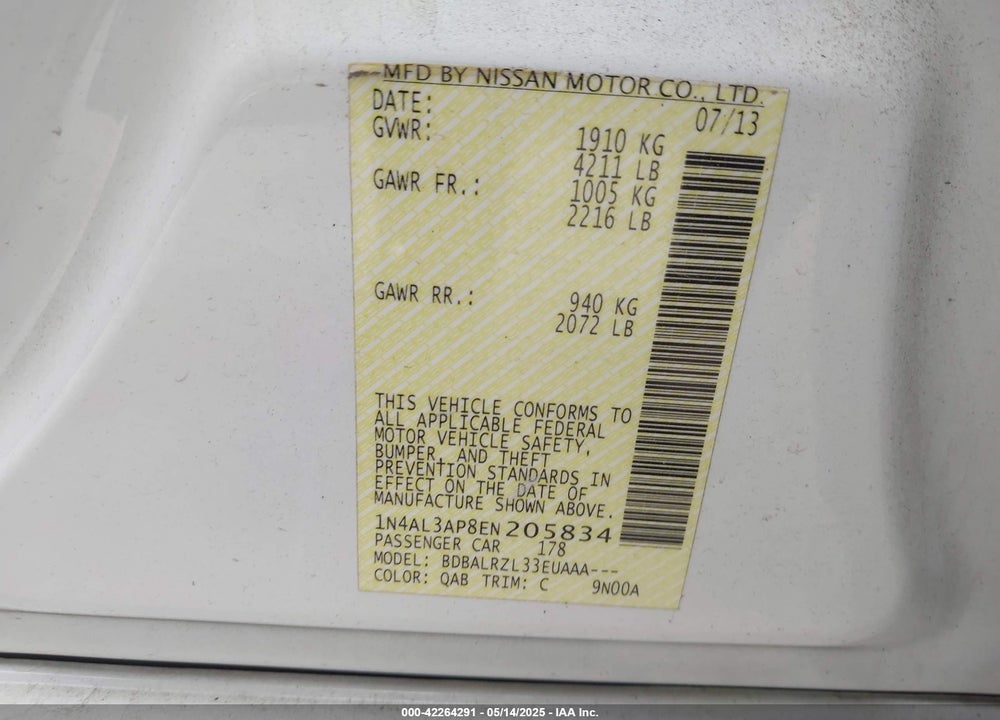 2014 NISSAN ALTIMA VIN: 1N4AL3AP8EN205834