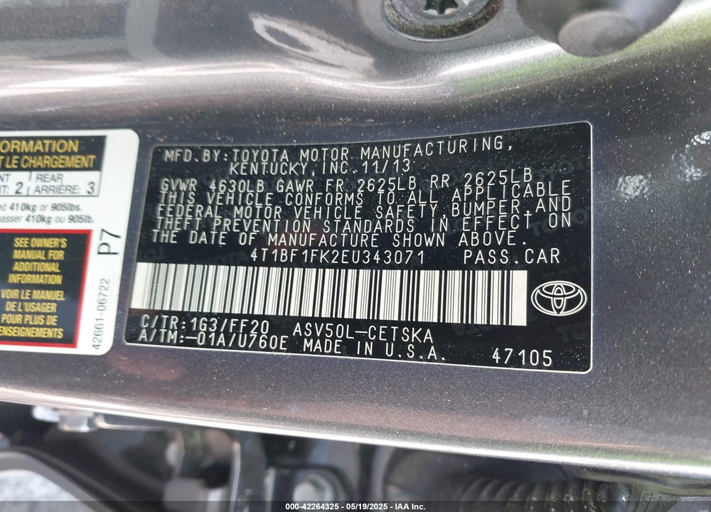 2014 TOYOTA CAMRY SE VIN: 4T1BF1FK2EU343071