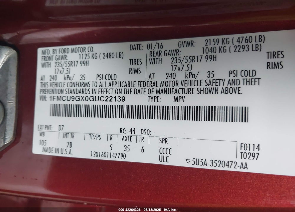 2016 FORD ESCAPE SE VIN: 1FMCU9GX0GUC22139