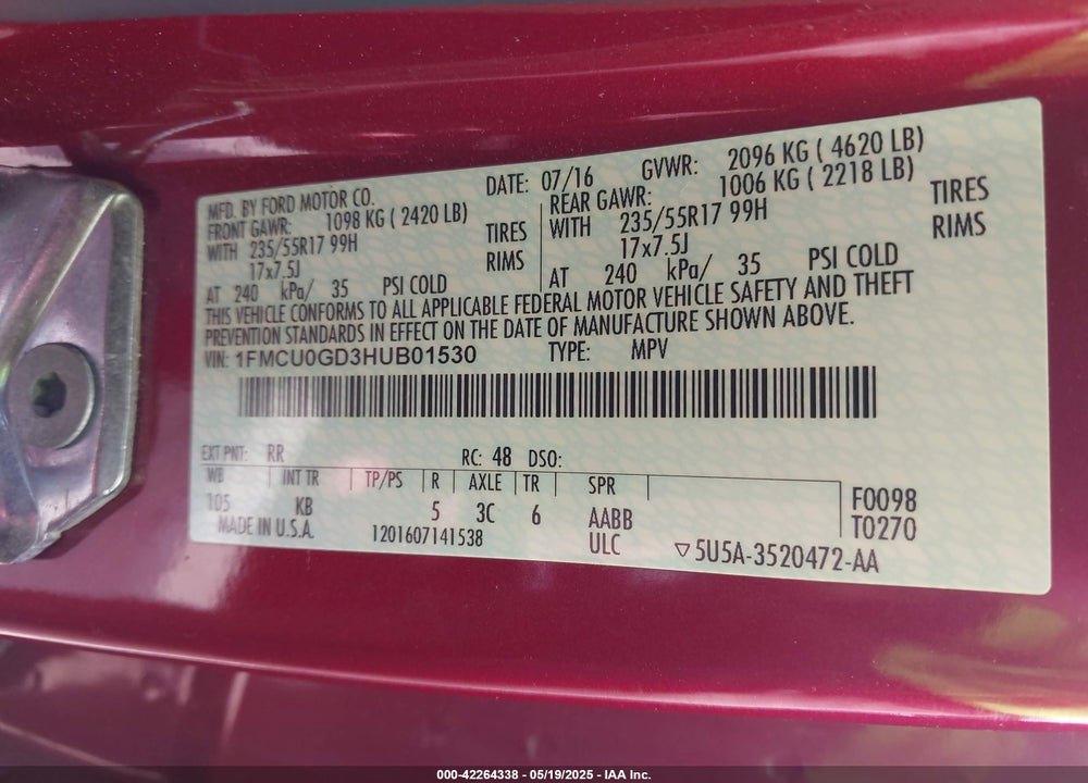 2017 FORD ESCAPE VIN: 1FMCU0GD3HUB01530
