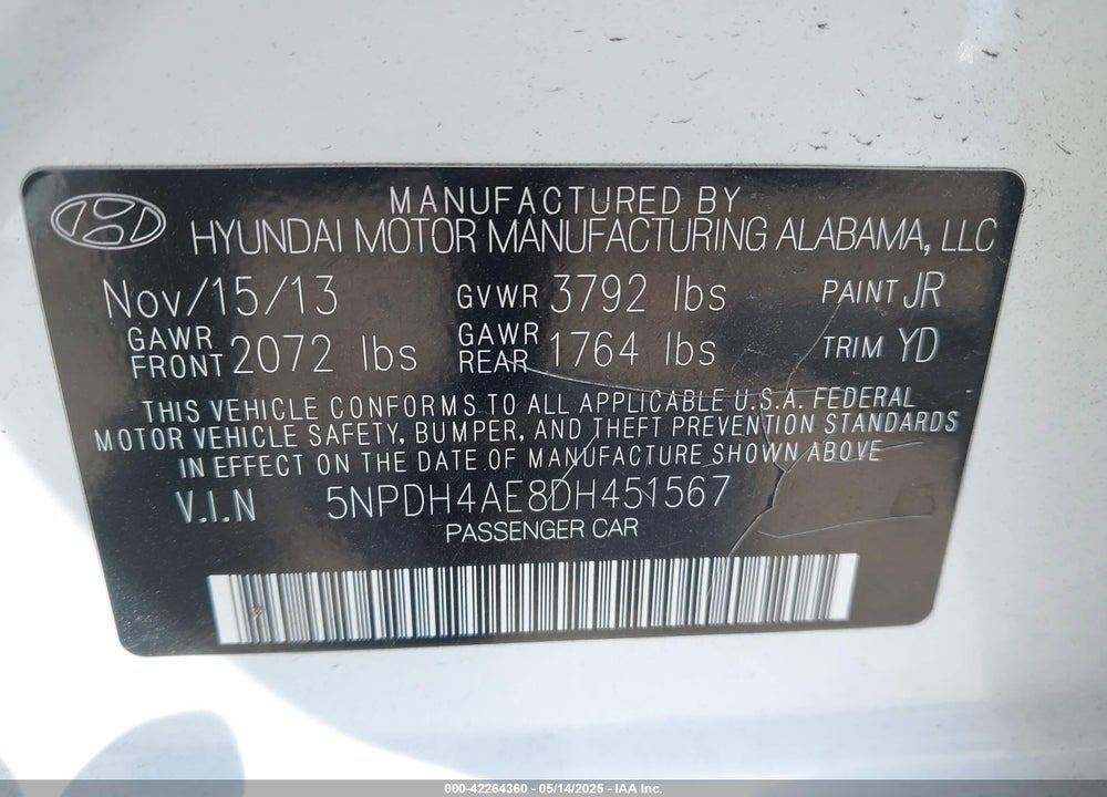 2013 HYUNDAI ELANTRA VIN: 5NPDH4AE8DH451567