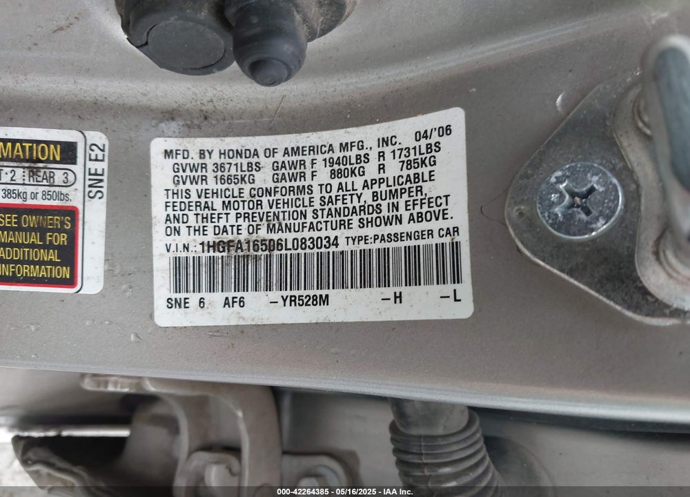 2006 HONDA CIVIC LX VIN: 1HGFA16506L083034