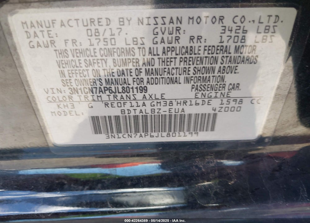 2018 NISSAN VERSA VIN: 3N1CN7AP6JL801199