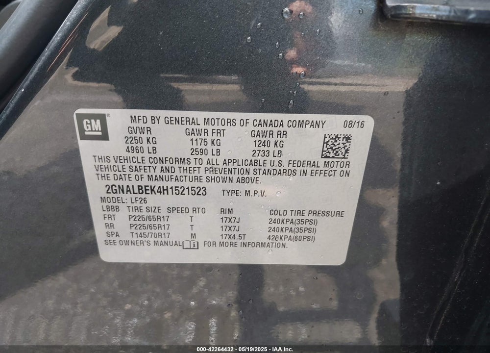 2017 CHEVROLET EQUINOX LS VIN: 2GNALBEK4H1521523