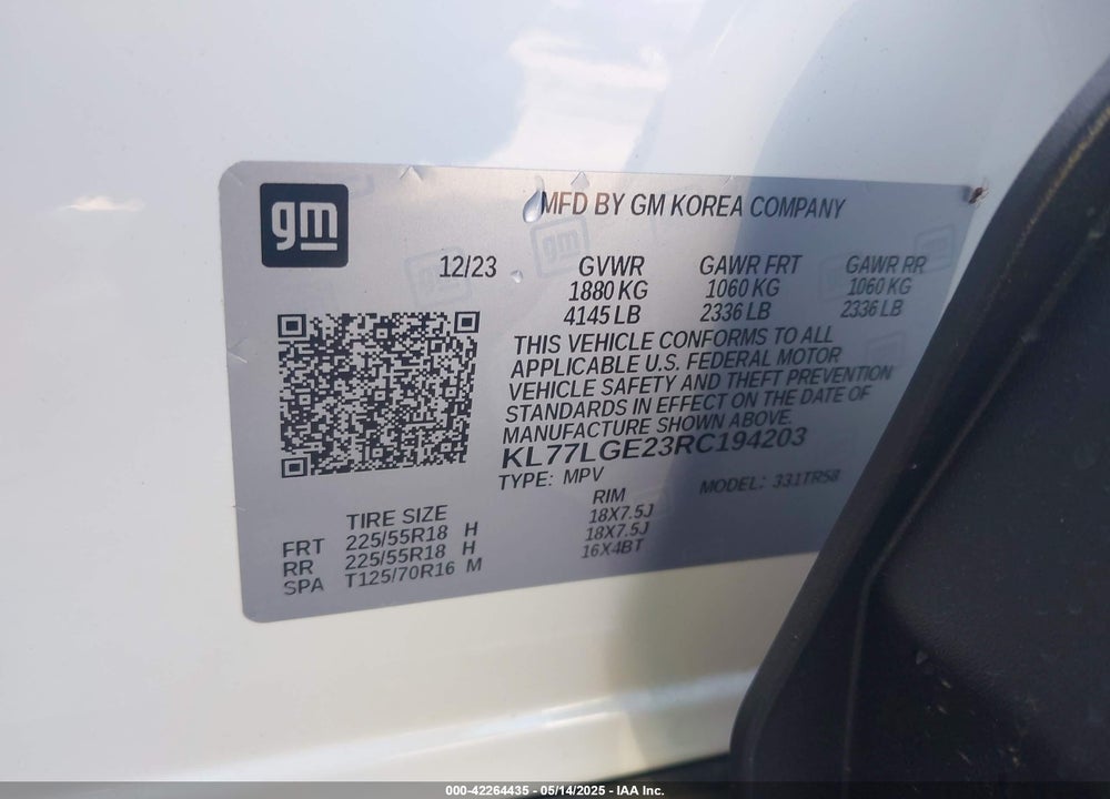 2024 CHEVROLET TRAX VIN: KL77LGE23RC194203