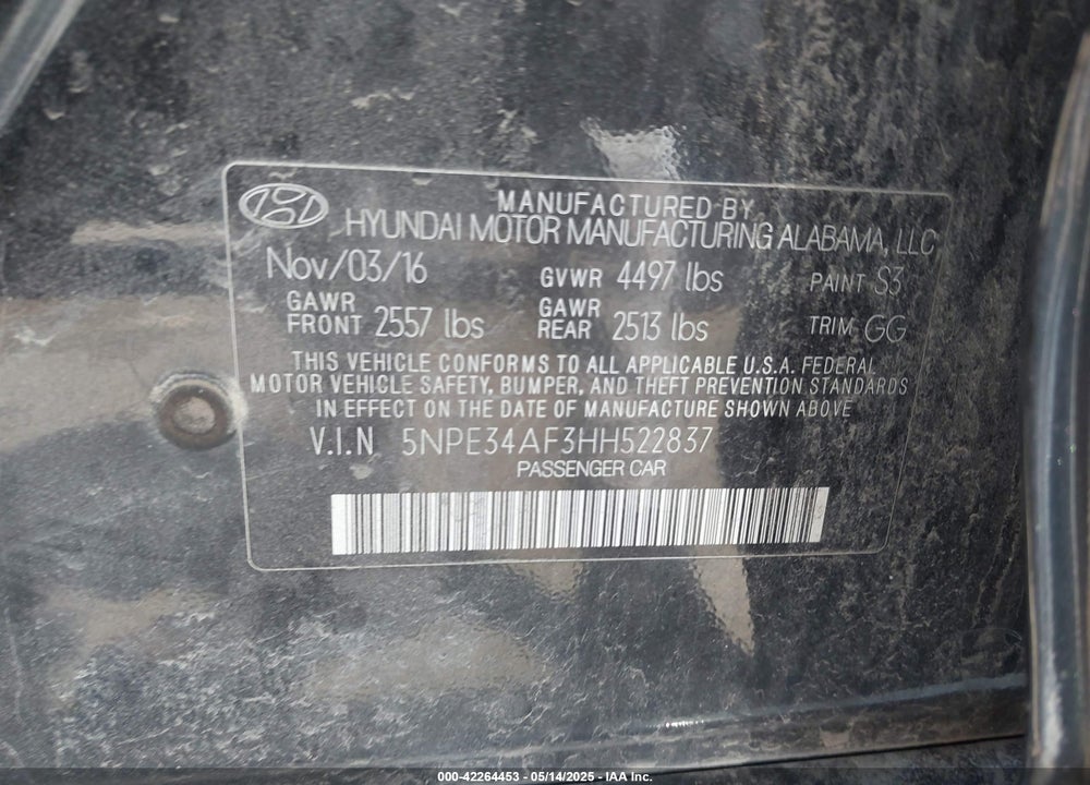 2017 HYUNDAI SONATA SPORT VIN: 5NPE34AF3HH522837