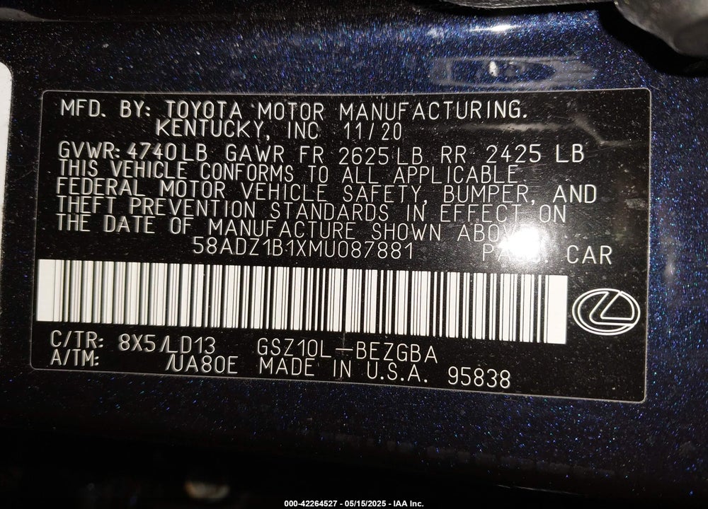 2021 LEXUS ES 350 VIN: 58ADZ1B1XMU087881