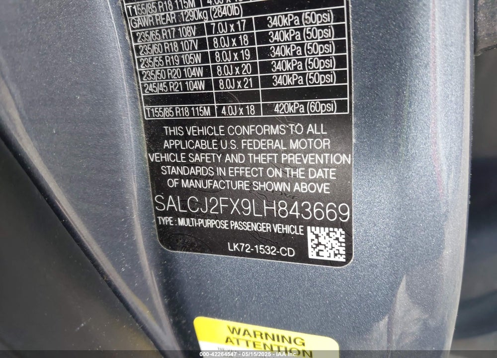 2020 LAND ROVER DISCOVERY SPORT S VIN: SALCJ2FX9LH843669