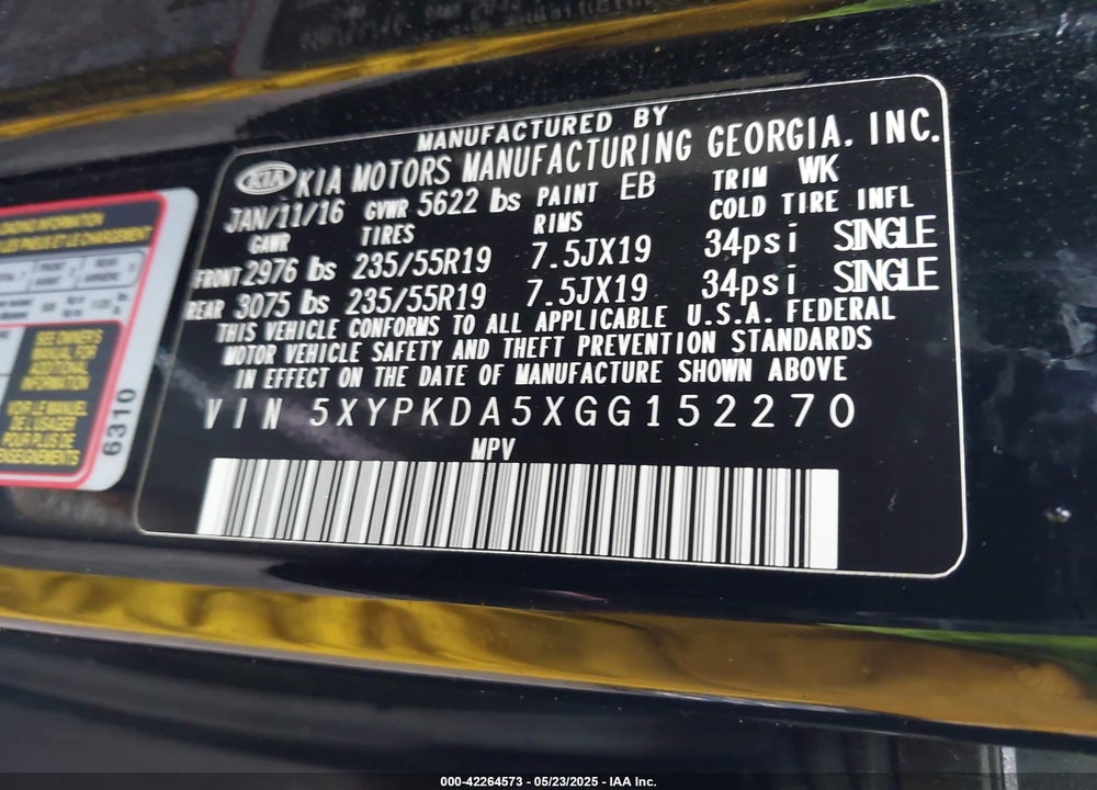 2016 KIA SORENTO VIN: 5XYPKDA5XGG152270