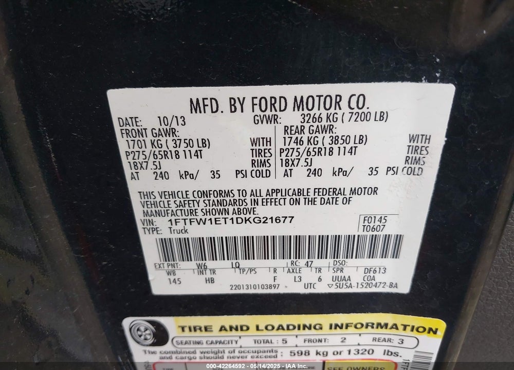 2013 FORD F-150 LARIAT VIN: 1FTFW1ET1DKG21677