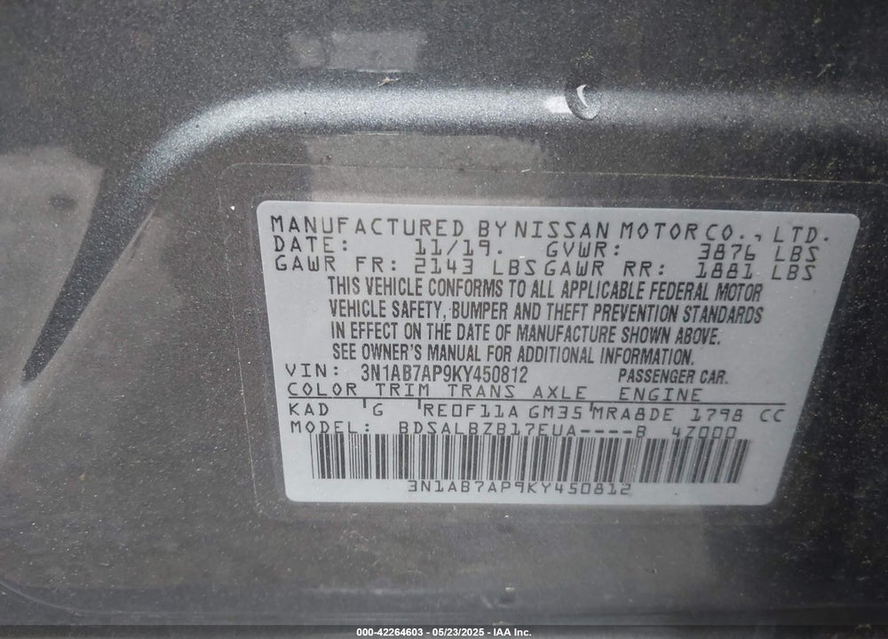 2019 NISSAN SENTRA VIN: 3N1AB7AP9KY450812