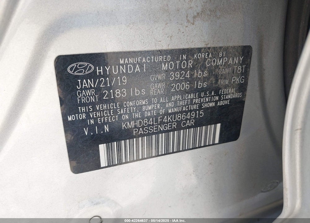 2019 HYUNDAI ELANTRA VIN: KMHD84LF4KU864915