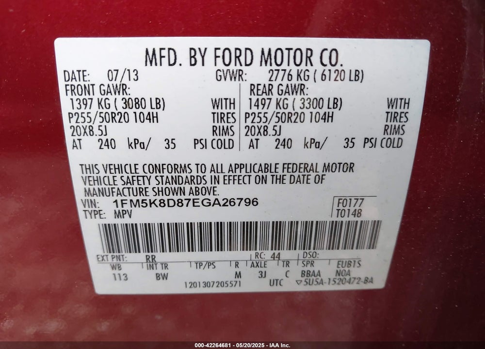 2014 FORD EXPLORER VIN: 1FM5K8D87EGA26796