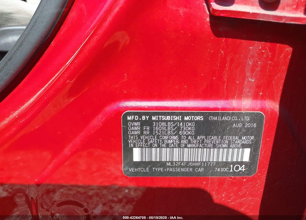 2017 MITSUBISHI MIRAGE G4 SE VIN: ML32F4FJ6HHF11777