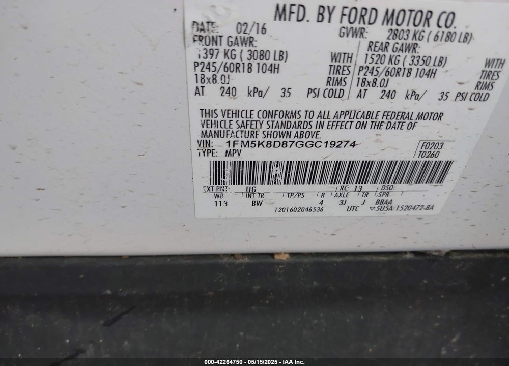 2016 FORD EXPLORER VIN: 1FM5K8D87GGC19274