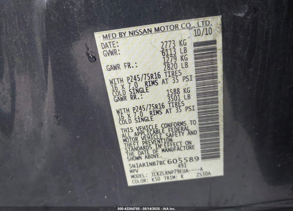 2011 NISSAN PATHFINDER VIN: 5N1AR1NB7BC605589
