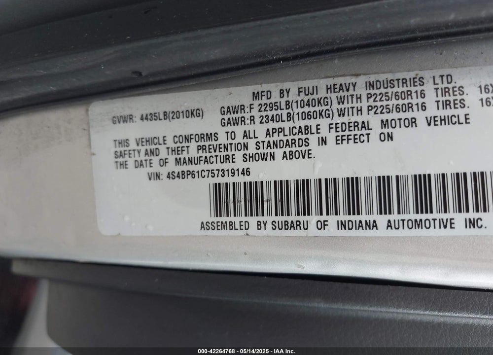 2005 SUBARU OUTBACK 2.5I VIN: 4S4BP61C757319146