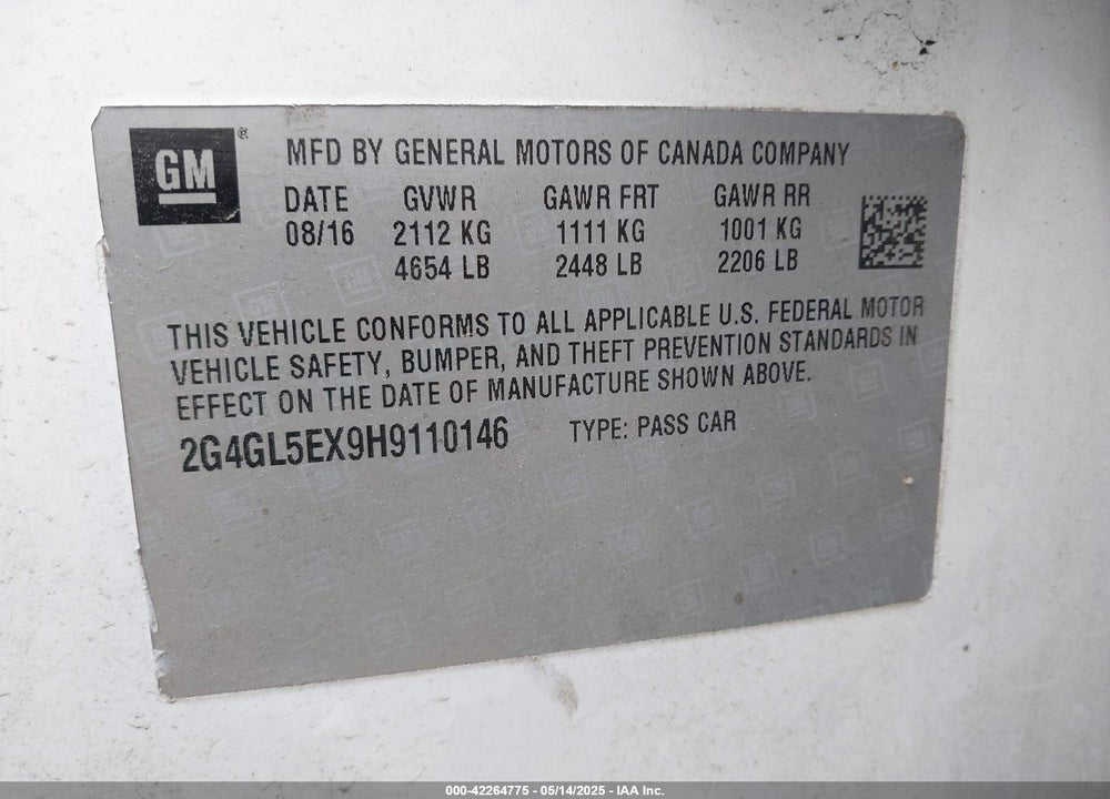 2017 BUICK REGAL VIN: 2G4GL5EX9H9110146