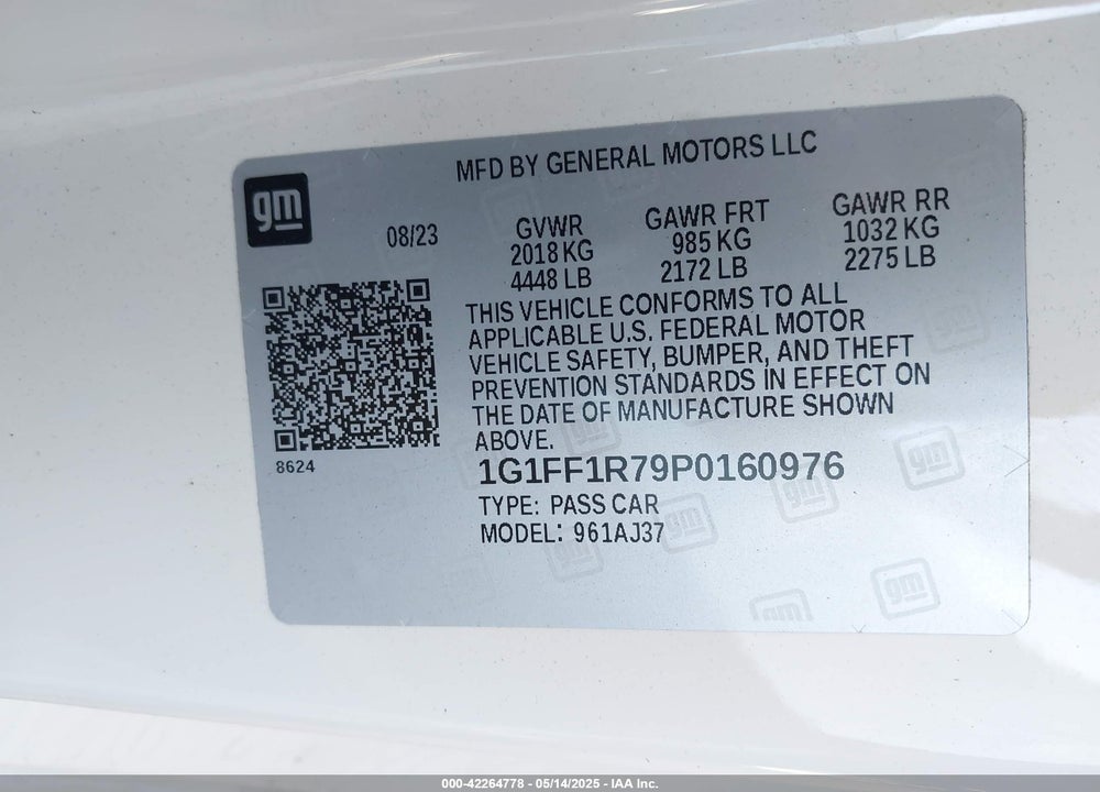 2023 CHEVROLET CAMARO VIN: 1G1FF1R79P0160976