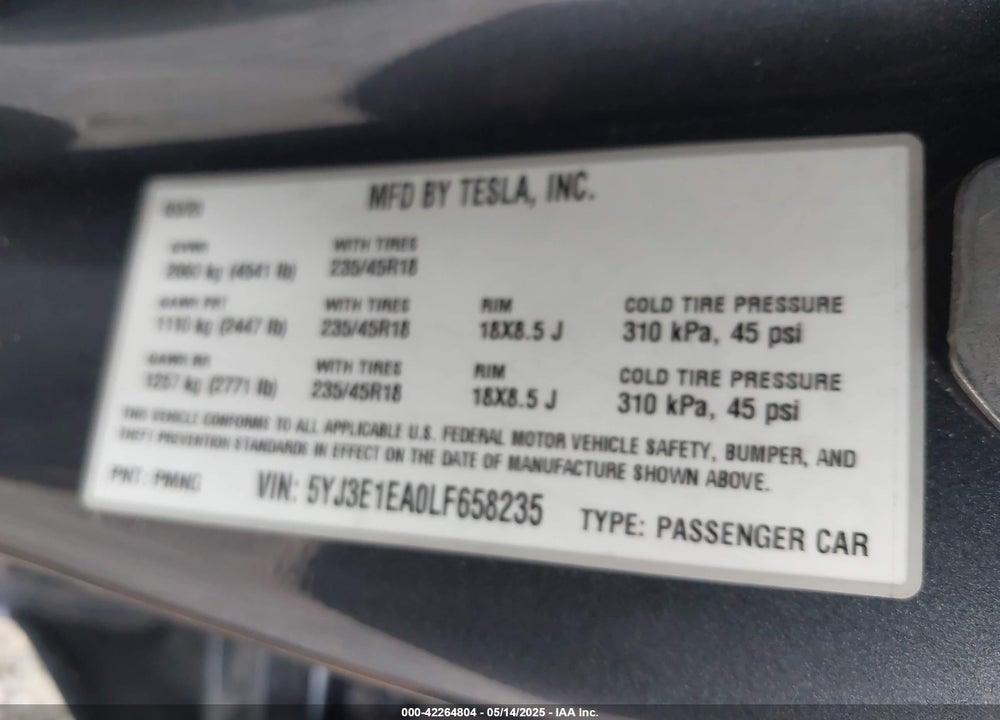 2020 TESLA MODEL 3 VIN: 5YJ3E1EA0LF658235