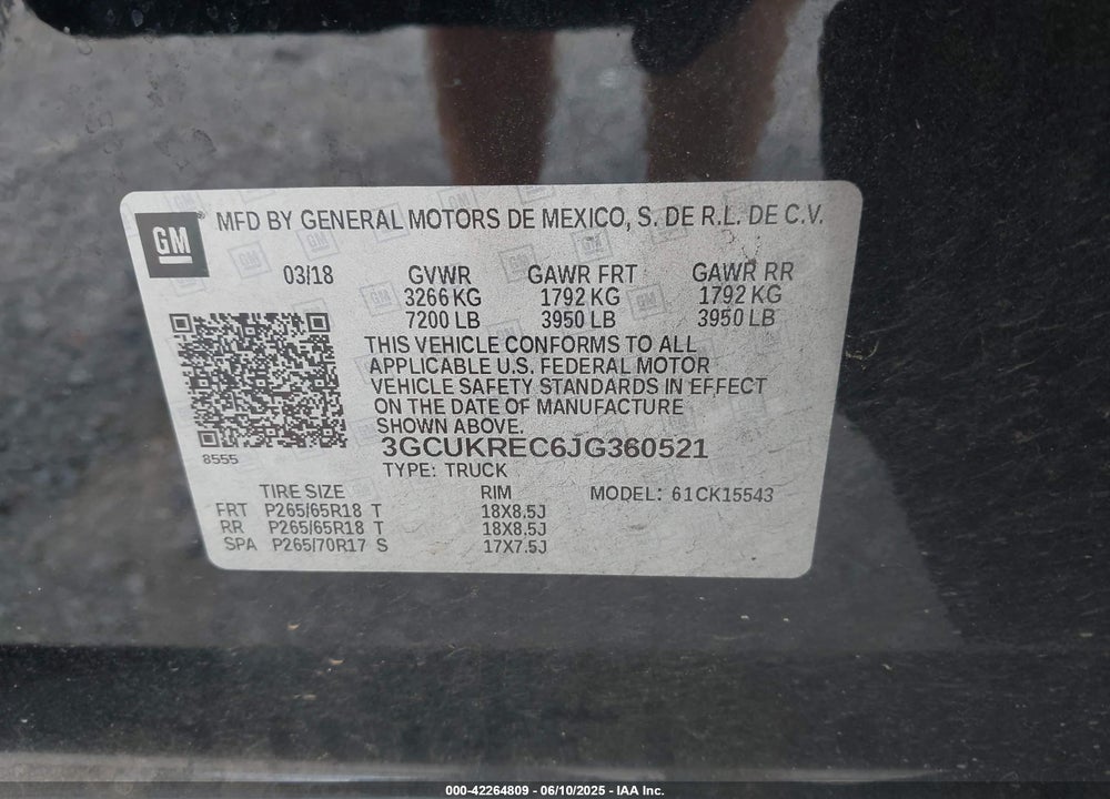 2018 CHEVROLET SILVERADO 1500 VIN: 3GCUKREC6JG360521