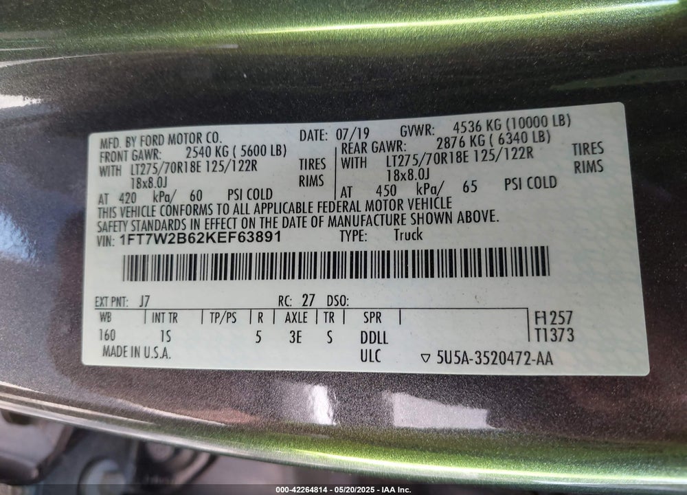 2019 FORD F250 VIN: 1FT7W2B62KEF63891