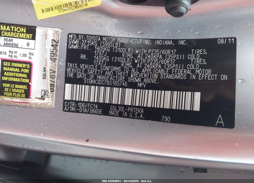 2011 TOYOTA SIENNA LE VIN: 5TDKK3DC7BS165746